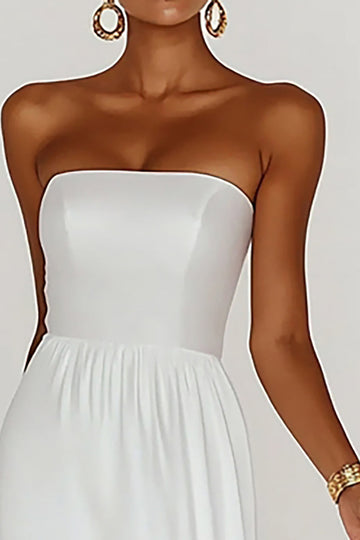 Satin White Strapless A Line Boho Beach Dress